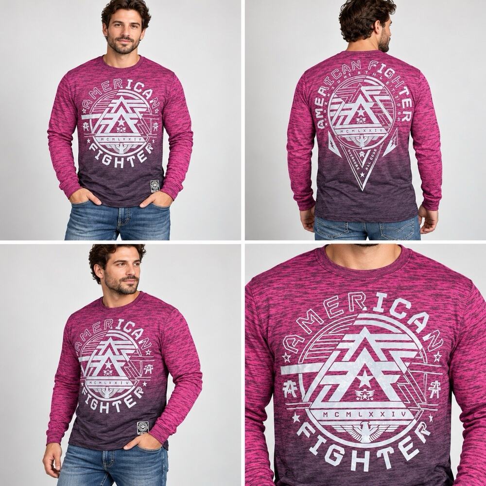American Fighter Shirt Mens 2XL Pink Purple Ombre Long Sleeve Graphic MMA